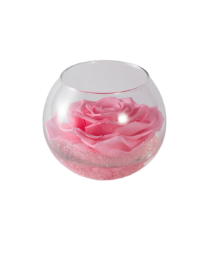 Flowercube Pink Boccia Fondo Effetto Pietra 8 cm con rosa stabilizzata rosa e base naturale, ideale per decorazioni eleganti e delicate.