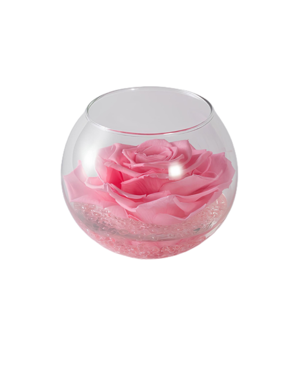 Flowercube Pink Boccia Fondo Effetto Pietra 8 cm con rosa stabilizzata rosa e base naturale, ideale per decorazioni eleganti e delicate.